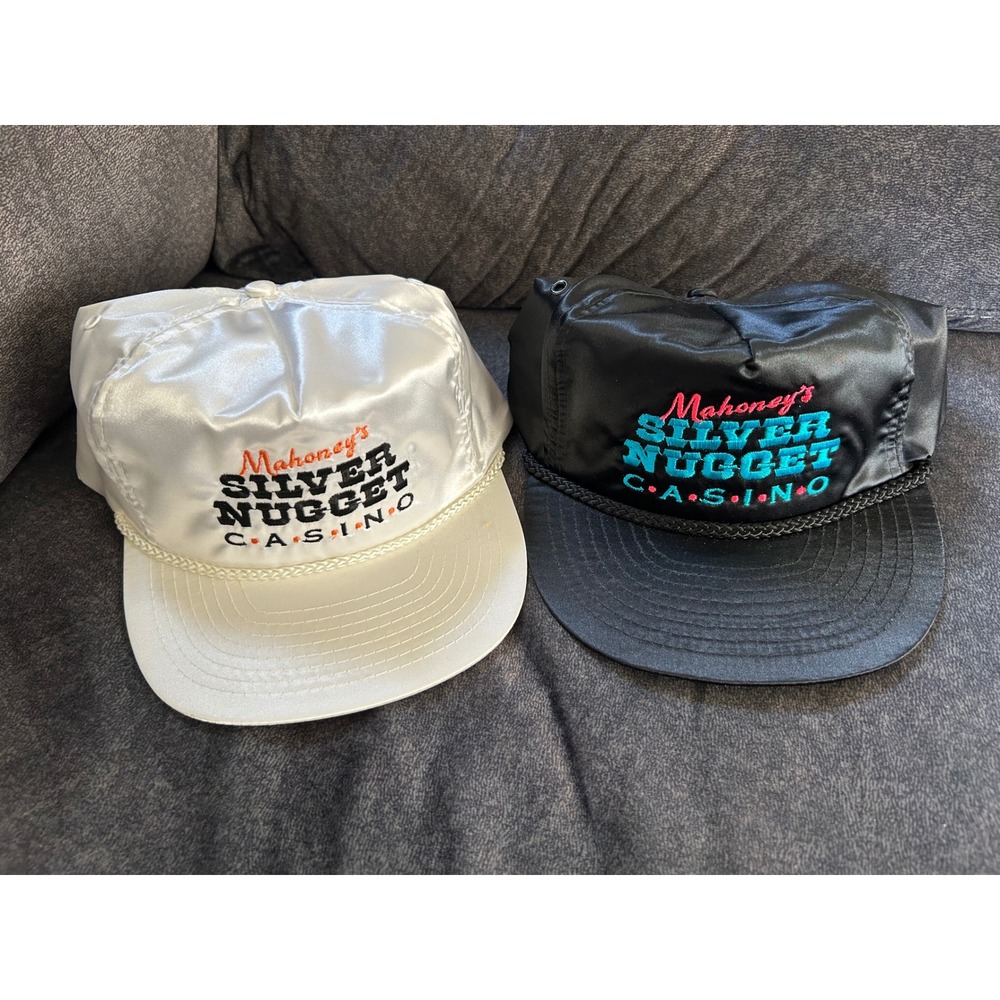 Vintage Mahoney's Silver Nugget Casino Nylon Hats Lot of 2 Black White Rope Snap
